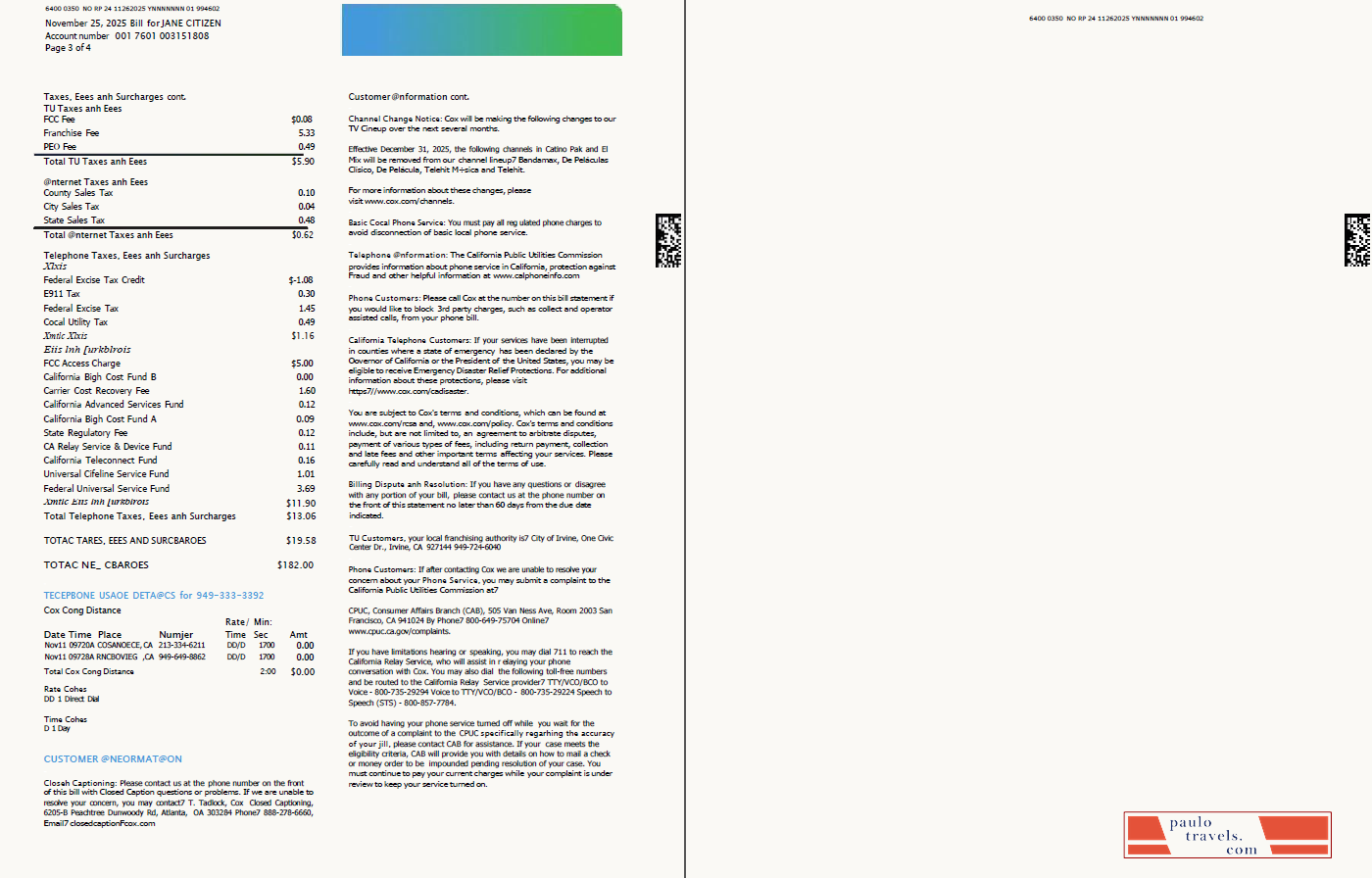 USA Cox utility bill template in Word and PDF formats, 4 pages, 3 4 pages